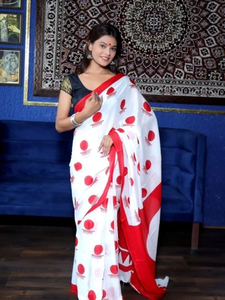 Durga Puja Special White Printed Chanderi Saree Daily Deals