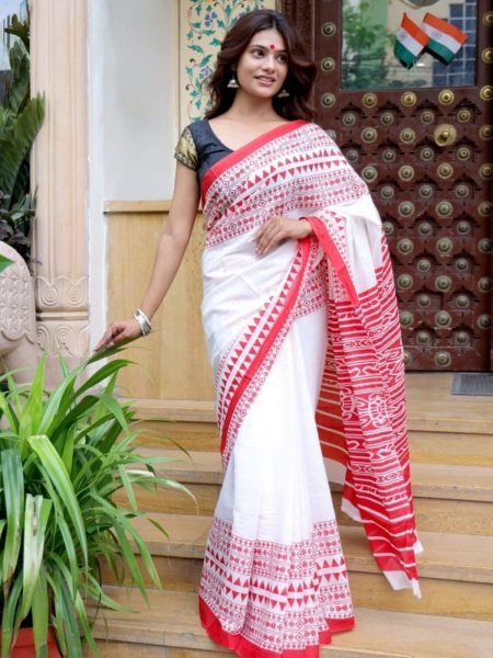 Durga Puja Special White Printed Chanderi Saree Daily Deals