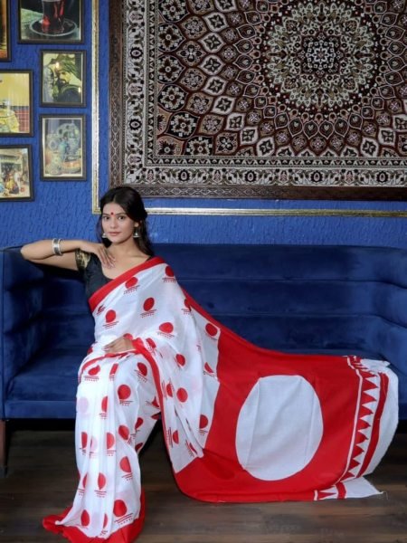 Durga Puja Special White Printed Chanderi Saree Daily Deals