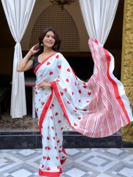 Durga Puja Special White Printed Chanderi Saree Daily Deals