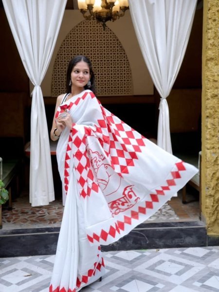 Durga Puja Special White Printed Chanderi Saree Daily Deals