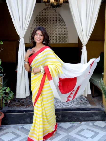Durga Puja Special Yellow Printed Chanderi Saree Daily Deals
