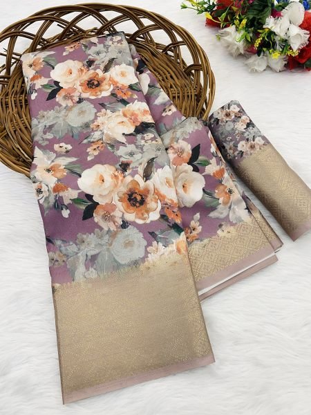 Dusty Moss Chiffon Digital Print Saree with Jacquard Zari Border Sale