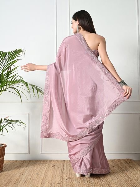 Dusty Pink Chic Party Wear A Modern Chinon Solid Saree with an Embroidered Lace Border Designer Sarees