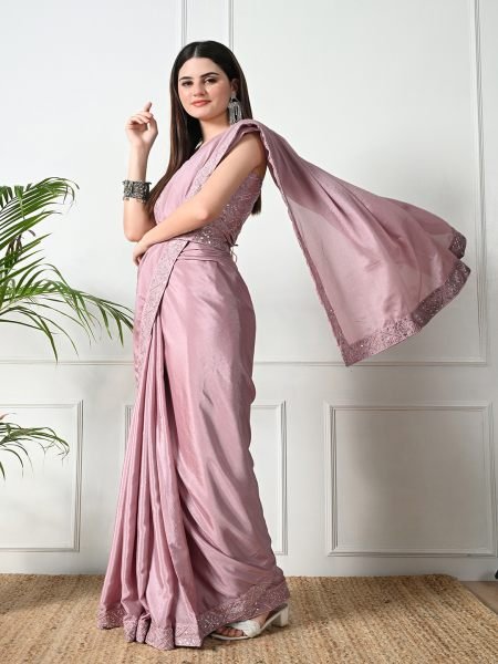 Dusty Pink Chic Party Wear A Modern Chinon Solid Saree with an Embroidered Lace Border Designer Sarees