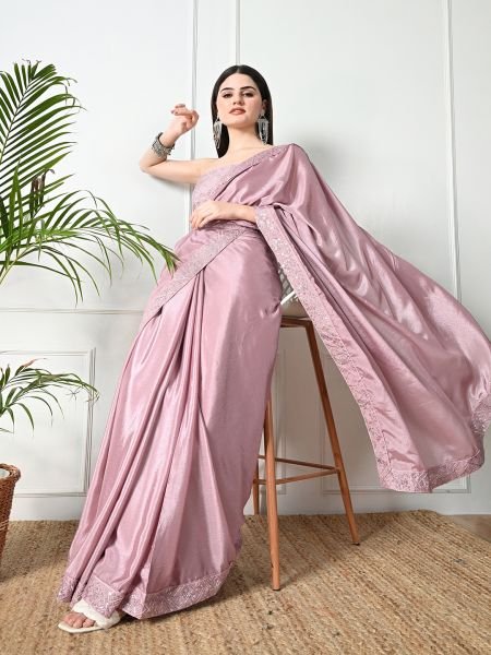 Dusty Pink Chic Party Wear A Modern Chinon Solid Saree with an Embroidered Lace Border Designer Sarees