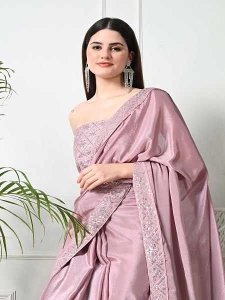 Dusty Pink Chic Party Wear A Modern Chinon Solid Saree with an Embroidered Lace Border Designer Sarees