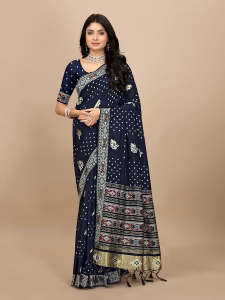 Elegance Redefined Patola Print Navy Blue Cotton Silk Saree with Tassel Border Pallu