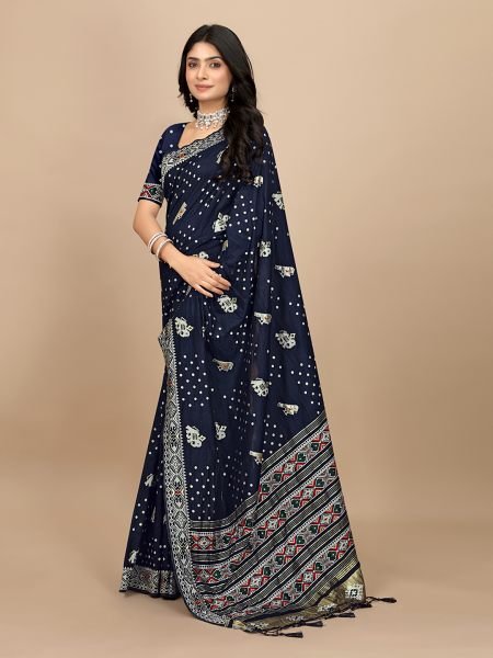 Elegance Redefined Patola Print Navy Blue Cotton Silk Saree with Tassel Border Pallu Silk Sarees