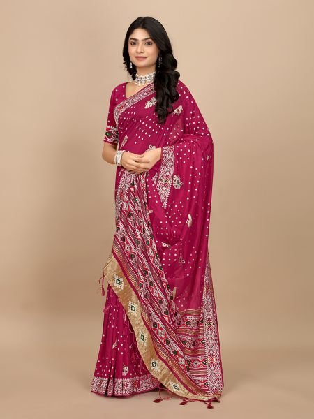 Elegance Redefined Patola Print Rani Pink Cotton Silk Saree with Tassel Border Pallu Silk Sarees