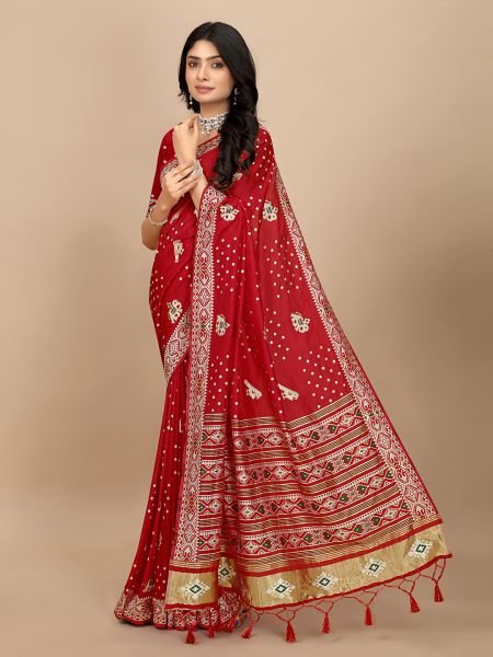 Elegance Redefined Patola Print Red Cotton Silk Saree with Tassel Border Pallu Silk Sarees
