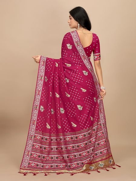 Elegance Redefined Patola Print Rani Pink Cotton Silk Saree with Tassel Border Pallu Silk Sarees