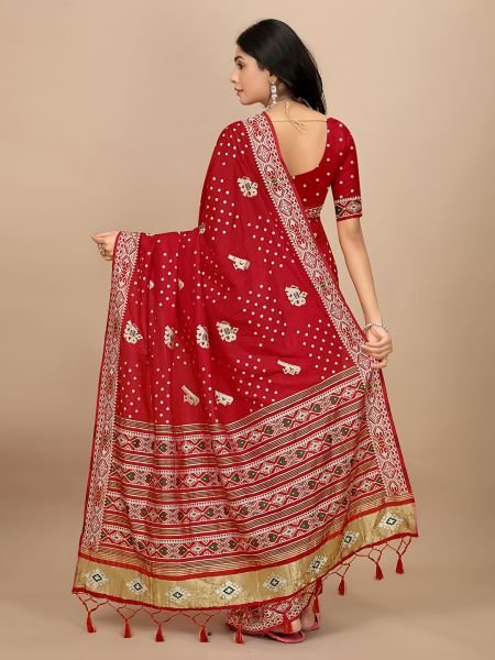 Elegance Redefined Patola Print Red Cotton Silk Saree with Tassel Border Pallu Silk Sarees