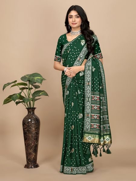 Elegance Redefined Traditional Patola Print Green Cotton Silk Saree with Tassel Border Pallu 