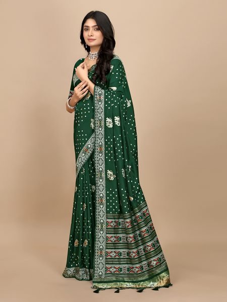 Elegance Redefined Traditional Patola Print Green Cotton Silk Saree with Tassel Border Pallu Silk Sarees