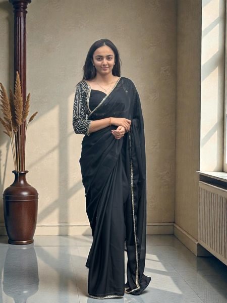 Elegant Black Rangoli Silk Saree with Mirror Lace Border and Designer Foil Print Blouse 