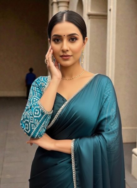 Elegant Black Rangoli Silk Saree with Mirror Lace Border and Designer Foil Print Blouse Party Wear Saree