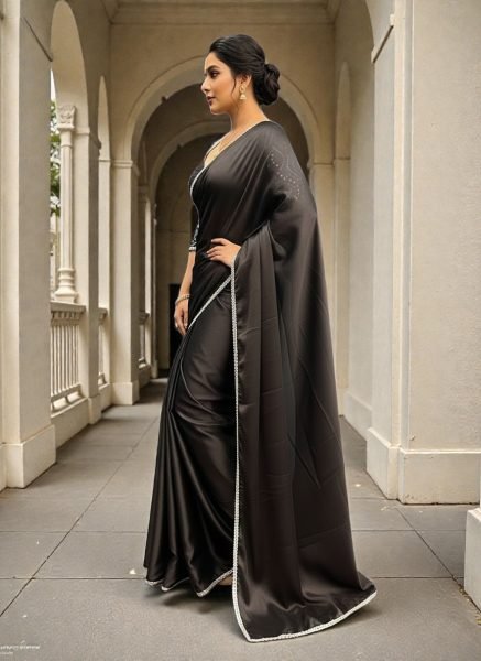 Elegant Black Rangoli Silk Saree with Mirror Lace Border and Designer Foil Print Blouse Party Wear Saree