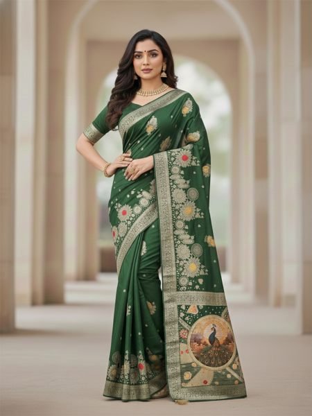 Elegant Bottle Green Dola Silk Saree with Traditional Zari Woven Peacock Pallu   Latkans 