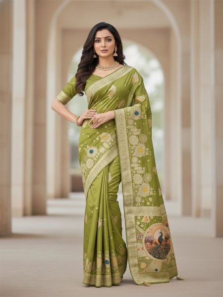 Elegant Bottle Green Dola Silk Saree with Traditional Zari Woven Peacock Pallu   Latkans Saree