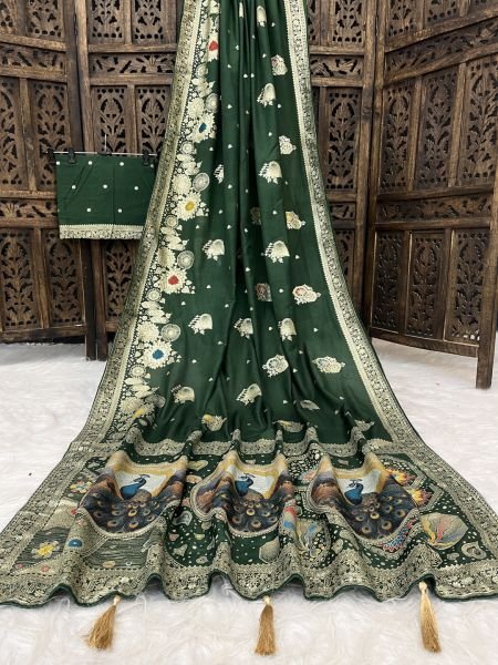 Elegant Bottle Green Dola Silk Saree with Traditional Zari Woven Peacock Pallu   Latkans 