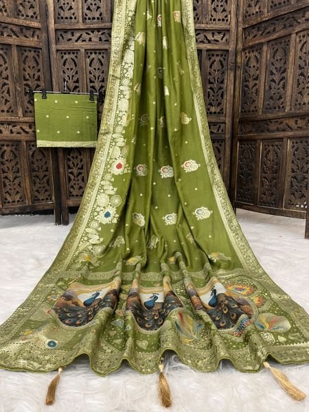 Elegant Bottle Green Dola Silk Saree with Traditional Zari Woven Peacock Pallu   Latkans Saree