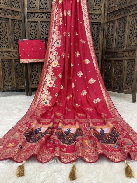 Elegant Bottle Green Dola Silk Saree with Traditional Zari Woven Peacock Pallu   Latkans Saree