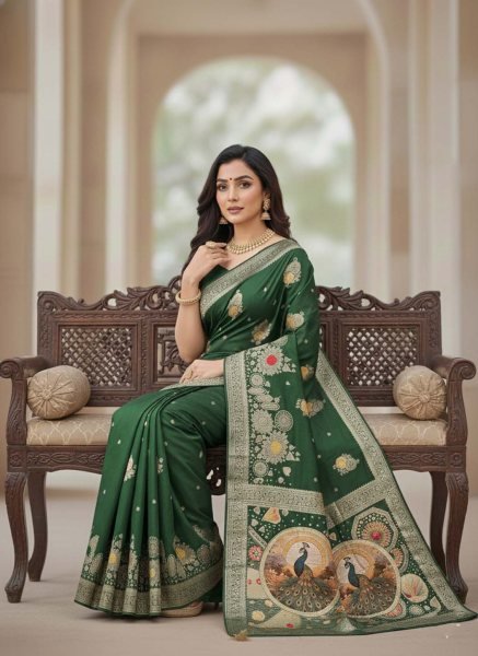 Elegant Bottle Green Dola Silk Saree with Traditional Zari Woven Peacock Pallu   Latkans Silk Sarees