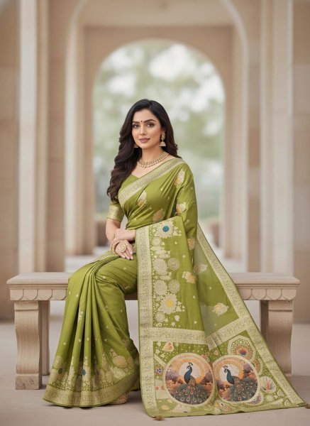 Elegant Bottle Green Dola Silk Saree with Traditional Zari Woven Peacock Pallu   Latkans Silk Sarees