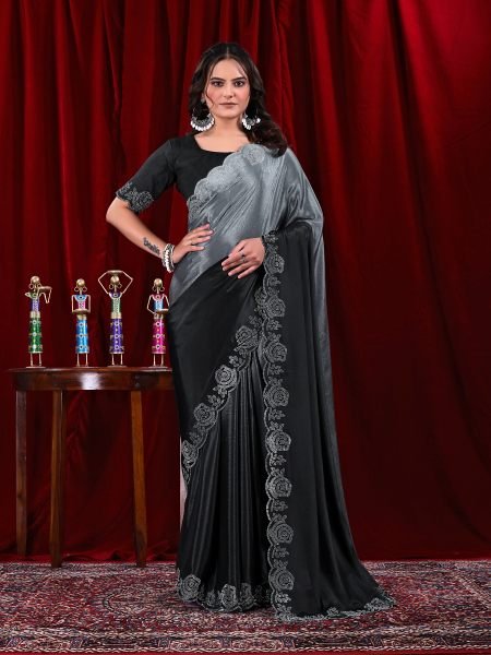 Elegant Chinon Shaded Saree with Siroski Diamond Work   Unstitched Blouse Daily Deals