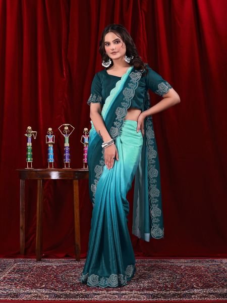 Elegant Chinon Shaded Saree with Siroski Diamond Work   Unstitched Blouse Daily Deals