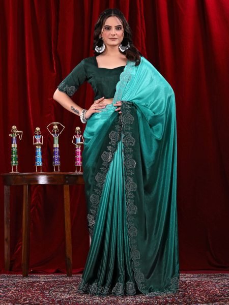 Elegant Chinon Shaded Saree with Siroski Diamond Work   Unstitched Blouse Daily Deals