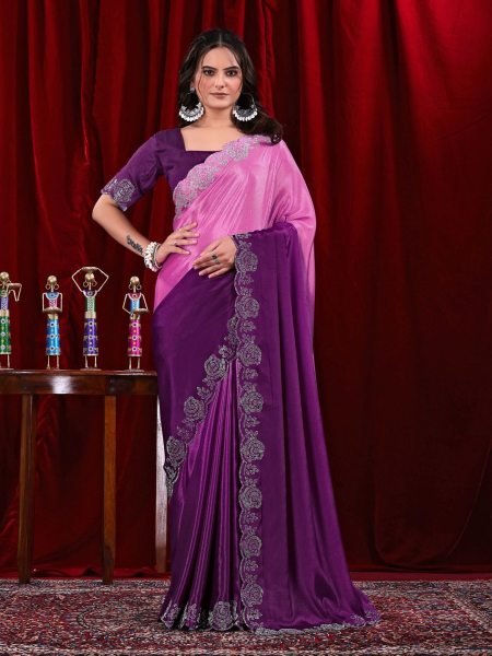 Elegant Chinon Shaded Saree with Siroski Diamond Work   Unstitched Blouse Daily Deals