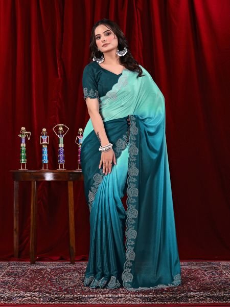 Elegant Chinon Shaded Saree with Siroski Diamond Work   Unstitched Blouse Designer Sarees