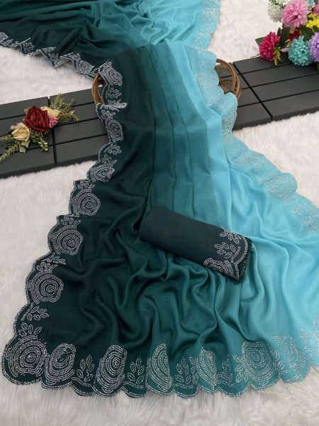 Elegant Chinon Shaded Saree with Siroski Diamond Work   Unstitched Blouse Designer Sarees