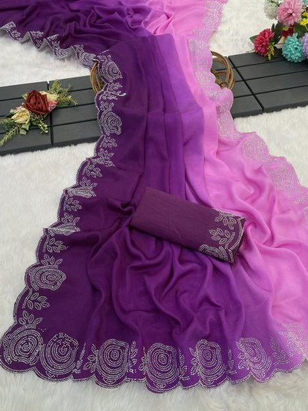 Elegant Chinon Shaded Saree with Siroski Diamond Work   Unstitched Blouse Designer Sarees