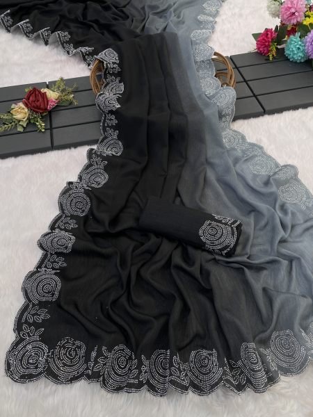 Elegant Chinon Shaded Saree with Siroski Diamond Work   Unstitched Blouse Designer Sarees