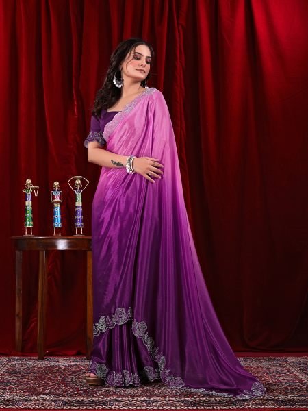 Elegant Chinon Shaded Saree with Siroski Diamond Work   Unstitched Blouse Daily Deals