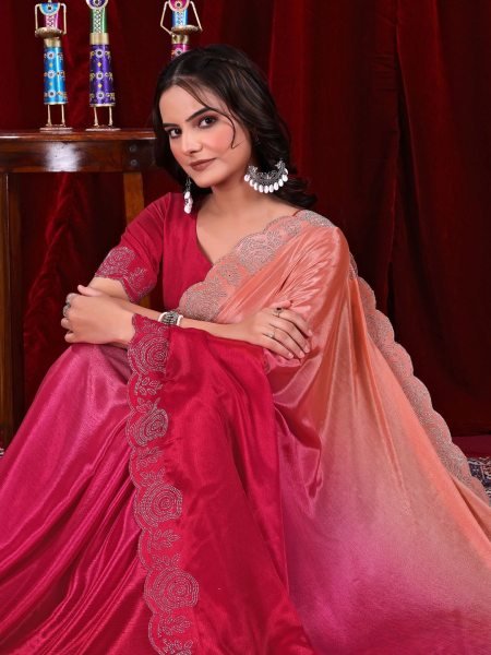 Elegant Chinon Shaded Saree with Siroski Diamond Work   Unstitched Blouse Designer Sarees