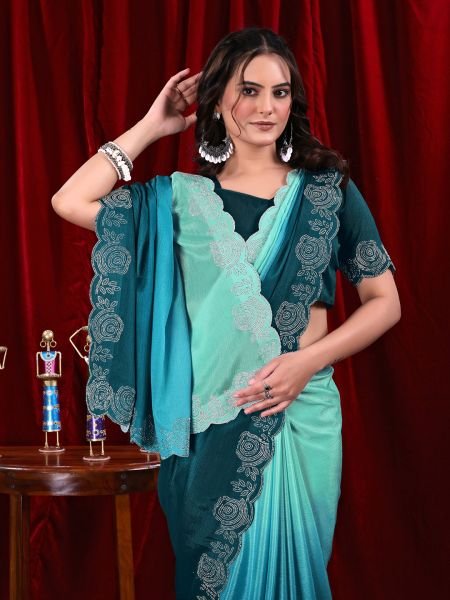 Elegant Chinon Shaded Saree with Siroski Diamond Work   Unstitched Blouse Designer Sarees