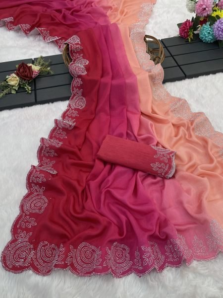 Elegant Chinon Shaded Saree with Siroski Diamond Work   Unstitched Blouse Designer Sarees