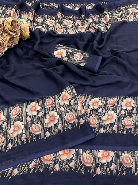 Elegant Floral Border Print Georgette Border Saree
