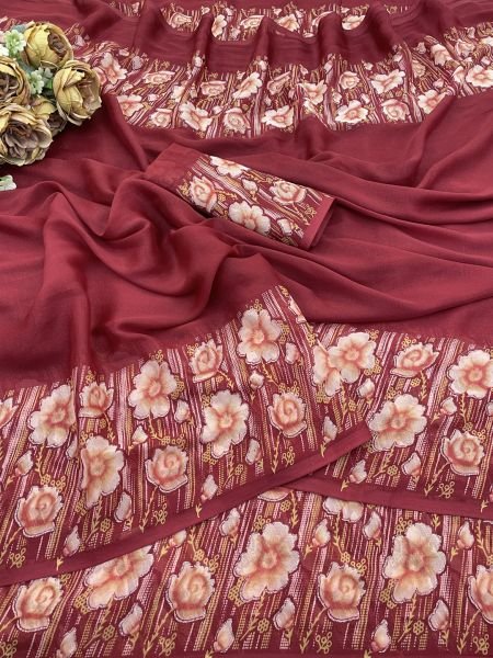 Elegant Floral Border Print Georgette Border Saree 