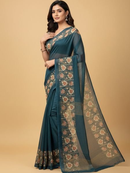 Elegant Floral Border Print Georgette Border Saree Printed Sarees