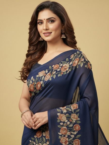 Elegant Floral Border Print Georgette Border Saree Printed Sarees