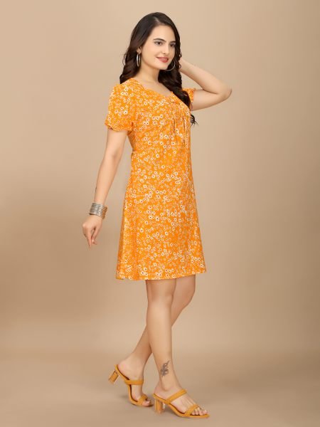 Elegant Orange Floral Crape Dress Sweetheart Neckline   Stylish Puff Sleeves Dresses