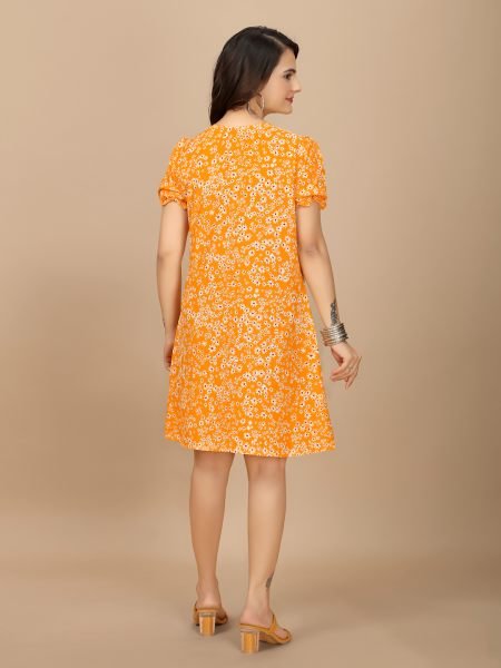 Elegant Orange Floral Crape Dress Sweetheart Neckline   Stylish Puff Sleeves Dresses