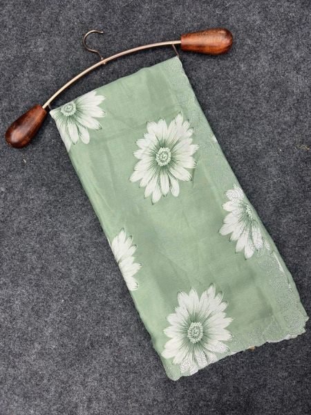Elegant Printed Chinon Saree with Sparkling Siroksi Diamond Work Border Saree