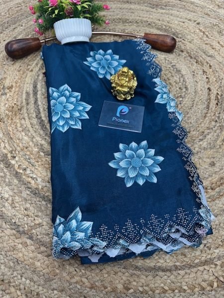 Printed Chinon Saree with Sparkling Siroksi Diamond Work Border Saree