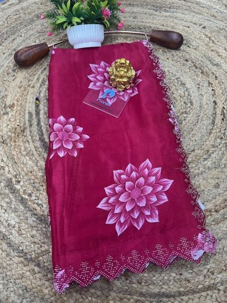 Printed Chinon Saree with Sparkling Siroksi Diamond Work Border Saree